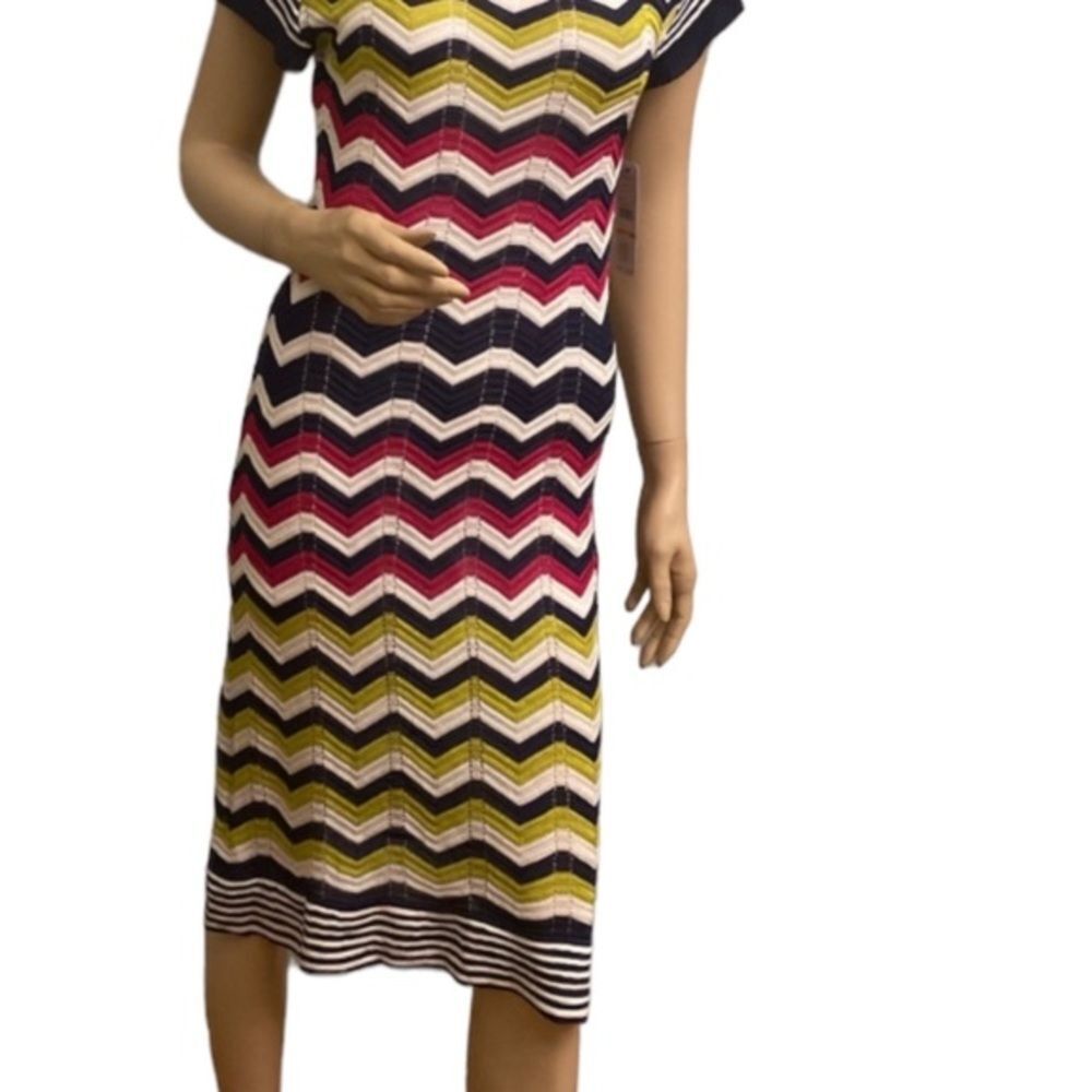 Chevron Knit Midi Dress with Striped Pattern in Navy, Red, Yellow and White